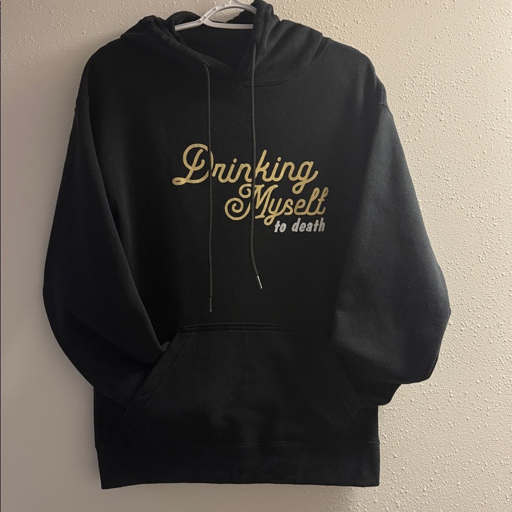 Black Graphic Hoodie with 'Drinking Myself to Death' Skull Cocktail Design - Picture 3 of 3